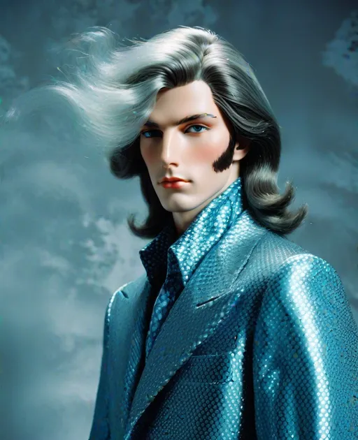 Prompt: maximalist Will-o'-the-wisp bifrosted prince of the fornasetti heaven, by laurie simmons, minimal male figure in huge 1970s hairstyle 