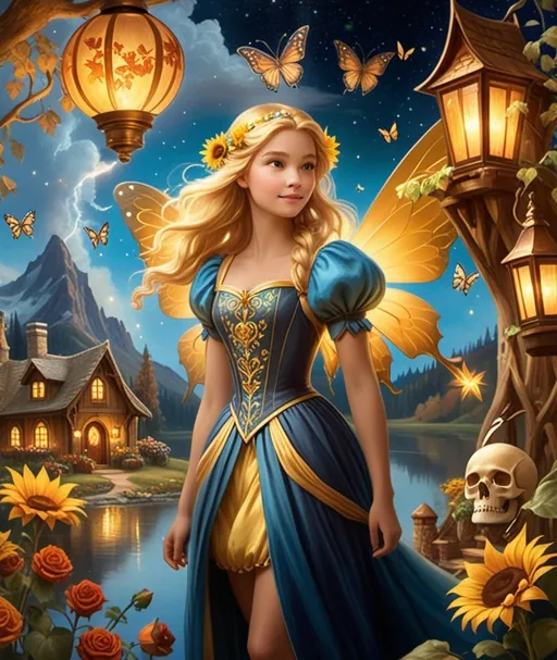 Prompt: Thumbelina, beautiful blond fairy, sunshine and clouds, magical village, glowing stars and lanterns, Full body view, blue gold dress, stars in the background, cabin and river, clocks, sunshine and clouds, mountains, and Autumn colors and leaves, roses, lilys, sunflowers, vines, ivy, cloud of dust and smoke flying up behind, staring straight ahead, spikes and skulls, Gold dust, butterflies, fireflies, a vintage renaissance oil on canvas, muted and moody. 