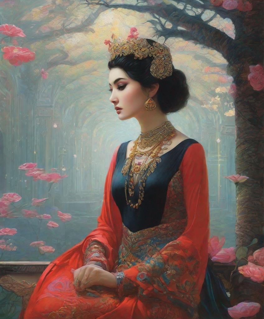 Prompt: Your words are like a thousand daggers to her heart, her eyes hides the sorrow, Pal Szinyei Merse, Raqib Shaw, tom Bagshaw, Theophile Steinlen