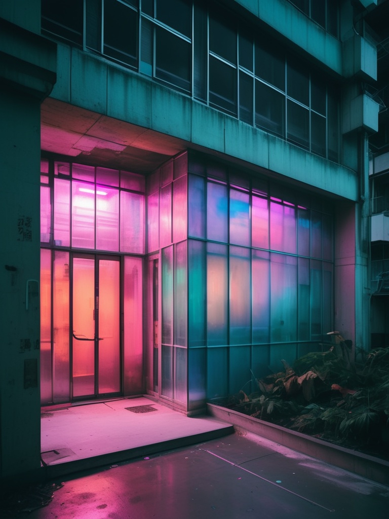 Prompt: aapi cyberpunk colorful translucent brutalist liminal space 