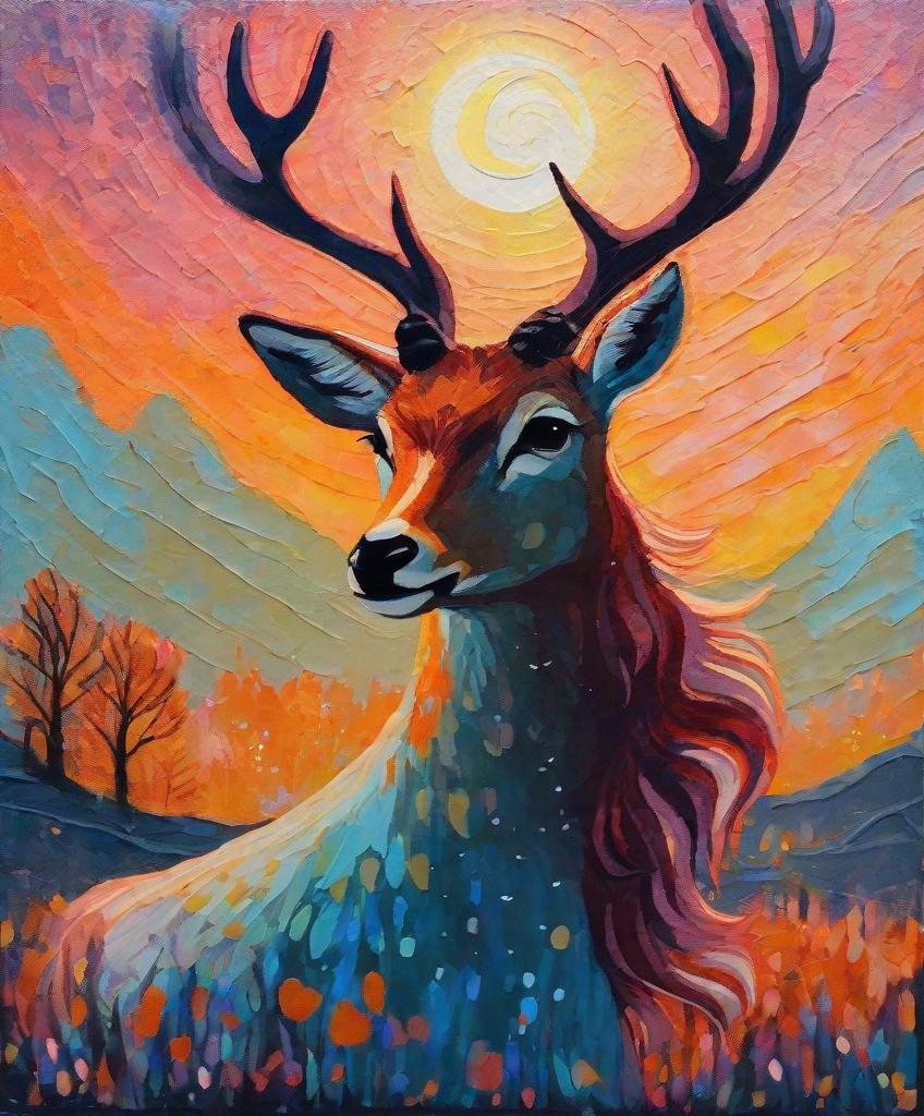 Prompt: fawncore, beautiful lady, winter sunrise, praise the sun, textured painting, fauvist, magical realism 