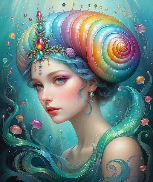 Prompt: A beautiful iridescent snail queen, beautiful iridescent snail shell as a crown, she is beautiful dazzling, glistening rainbow, iridescent shells, beautiful face, shimmering, caia Koopman, Hiro isono, Van Gogh, endre penovac, catrin welz-stein, Jean Baptiste monge, Gerhard Richter, sascalia, Amy sol. Watercolor impasto, Highly detailed, intricate, crossed colors, beautiful, high definition, fantastic view. 3d, iridescent Watercolors and Ink, intricate details, volumetric lighting 