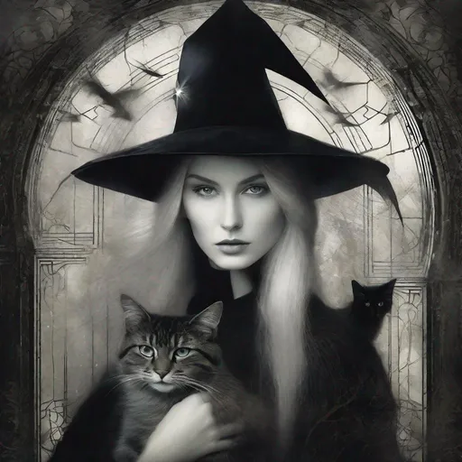 Prompt: A beautifull mysterious witch and her fluffy bicolor (black/white) magical cat art style by Marianne Stokes, David Spriggs, Paolo Roversi,  Christian Schloe, endre penovac, catrin welz Stein, Mondrian, James jean. High quality, highly detailed, intricate details.dynamic lighting award winning fantastic view ultra detailed high definition hdr focused glow shimmer