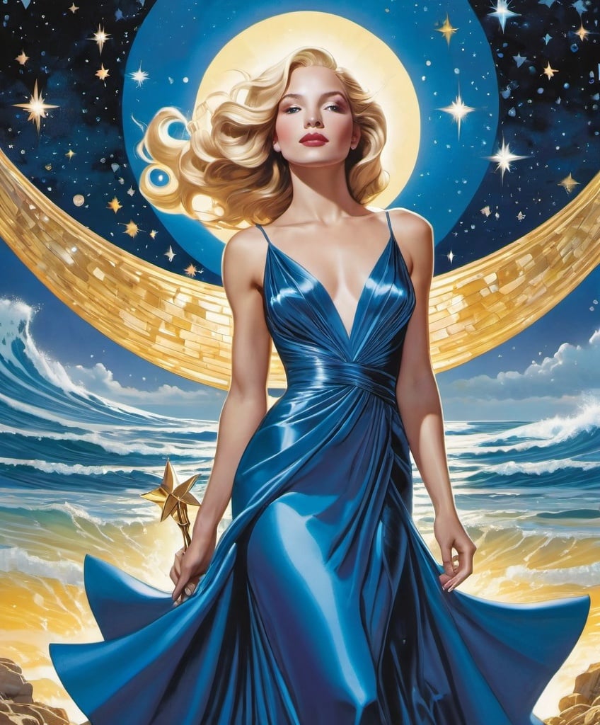 Prompt: style by Mark Shaw, Rebecca Sugar, Amanda Sage, Joost Swarte, David Salle; Summon Serena, a sapphire-eyed siren, standing serenely beneath a star-strewn sky, surrounded by shimmering sapphire streams, sporting a satin gown, and sipping from a silver chalice