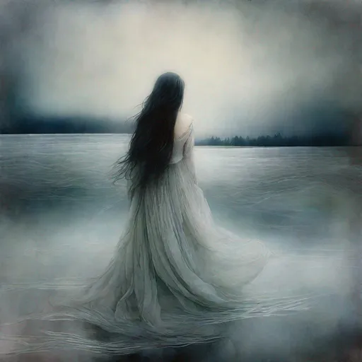 Prompt: A very beautiful dreamy ghostly young lady, very pretty face, remains alone and eternally sad  waiting for her long lost love to return art by Daria Endresen, John Reuss, Lin Fengmian, Robert Ryman, Elger Esser, Rimel Neffati. 3d, watercolors and ink, beautiful, fantastic view, extremely detailed, intricate, best quality, highest definition
