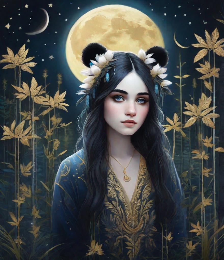 Prompt: panda girl, pretty, very long hair, crescent moon, night time, forest, Rebecca Sugar, Meredith Marsone, black and white hair, panda ears, bambu, blue and gold background, dreamy, magical, beautiful, fantasy.