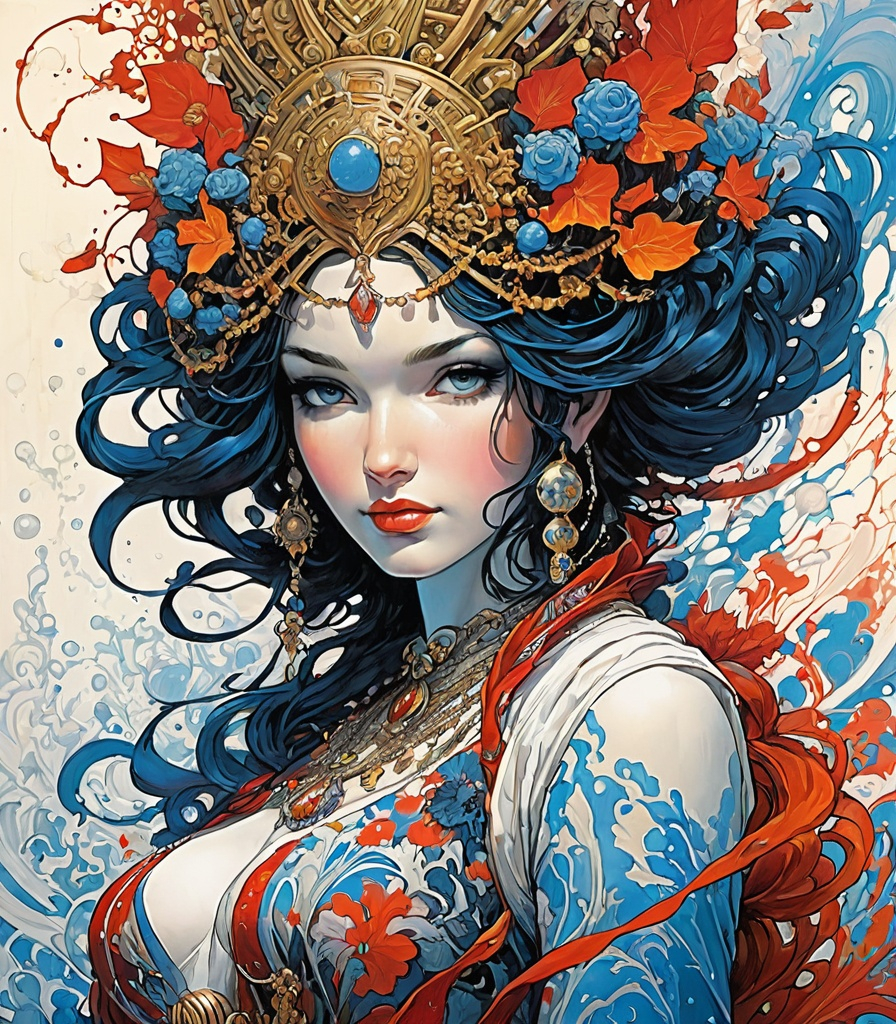 Prompt: gorgeous graffiti goddess, splashcore, intricate, messy goopy, james jean, milo manara