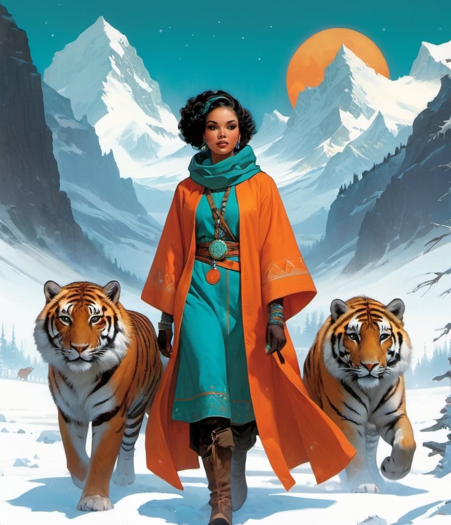 Prompt: Art by Tom Lovell, Saul Tepper, Tom bagshaw, Sachin Teng, Dana Trippe;Talia, wearing a tangerine and turquoise winter tunic, the talented troubadour, trekked through the tundra with her tenacious tiger companion. 