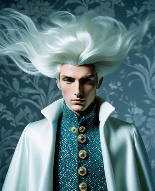 Prompt: maximalist Will-o'-the-wisp bifrosted prince of the fornasetti heaven, by laurie simmons, minimal male figure in huge 1970s hairstyle 