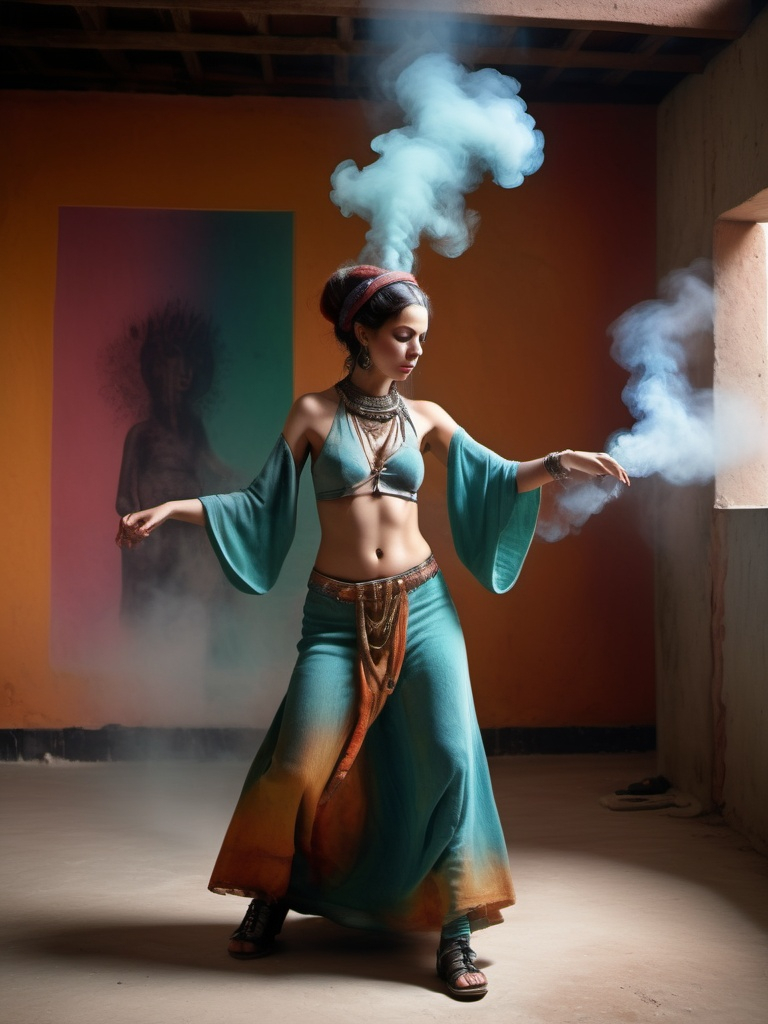 Prompt: as real person, photorealistic , phot taken by canon d750, hyperrealistic, with a natural skin, Dancing priestesses, in a brutalist liminal space, swinging a large steaming incense burner. Arabicpunk colorful translucent brutalist liminal space 