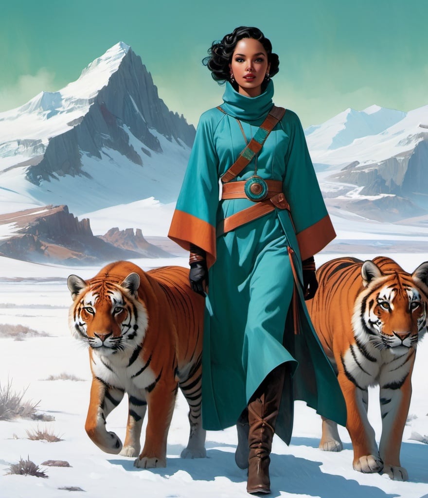 Prompt: Art by Tom Lovell, Saul Tepper, Tom bagshaw, Olivier Theyskens, Sachin Teng, Dana Trippe;Talia, wearing a terracotta and turquoise winter tunic, the talented troubadour, trekked through the tundra with her tenacious tiger companion. 