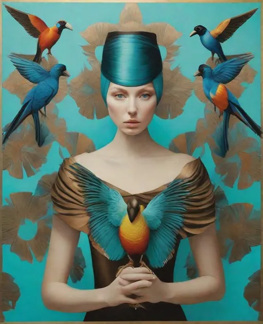 Prompt: cover of blakely ep, in the style of amy judd, exotic birds, hyper-realistic portraiture, cyan and bronze, andrey remnev, contemporary turkish art, album covers, amphibian