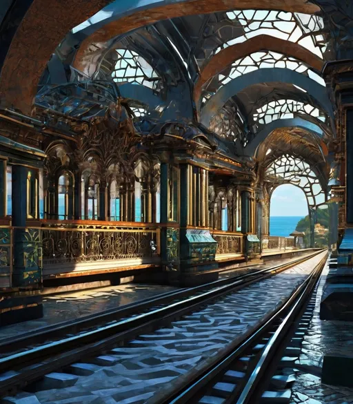 Prompt: Generate an image of a unique Piranesian construction in chalcedony situated along the Amalfi Coast, characterized by intricate details made exclusively with train carriages and recycled mechanical parts. The structure should include walkways, bridges, and connections created precisely through the creative use of train carriages and mechanical components. Piranesian Architecture: The construction should incorporate the essence of Piranesi's style, with imposing arches, columns, and elaborate architectural details rising intricately and majestically. Recycled Material: Use exclusively train carriages and recycled mechanical parts for the construction. The parts of the carriages should form walls, balconies, windows, and decorative structures. Walkways and Connections: Create suspended walkways, bridges, and connections between various sections of the construction using parts of train carriages such as beams and overlaid rails in a fanciful manner. Coastal Placement: Set the construction along the Amalfi Coast, overlooking the sea. Ensure that the sea view is clearly visible, incorporating the marine element as the background. Captivating Perspective: Pay particular attention to the perspective of the image. Create a sense of depth and three-dimensionality through the creative use of train carriages and mechanical structures. Realistic Details: Represent realistic details in recycled parts, such as rust, scratches, and imperfections. These details will contribute to making the image more authentic and evocative. Lighting and Atmosphere: Pay attention to lighting and creating an evocative atmosphere. Use reflections of sunlight and shadows cast by the Piranesian structures to emphasize the unique character of the construction.