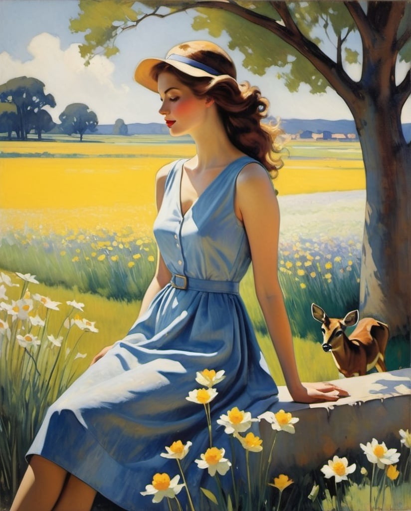 Prompt: Art by Kees van Dongen, Howard David Johnson, Richard Diebenkorn; Danielle, a demure damsel in a dreamy daisy field, donning a dress dipped in shades of delicate daffodil and dusty lavender. Beside her, a dappled deer, adorned in dusky hues of deep denim and dark chocolate, delicately grazes, casting dappled shadows as the day drifts into dusk.