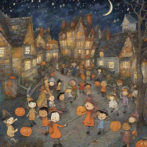 Prompt: trick-or-treaters performance by kids in bucolic whimsical house street under a starry sky art  by kitarō kōsaka, maurice brazil prendergast, wales bonner, botter, Charline von Heyl. 3d, best quality, extremely detailed, intricate, beautiful, cute