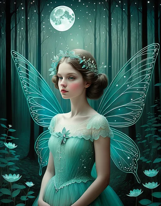 Prompt: Anaglyph, Beautiful moonlight forest girl fairy , tom bashaw and catrin welz-stein, surreal dream. Extremely detailed, intricate, beautiful, high definition 