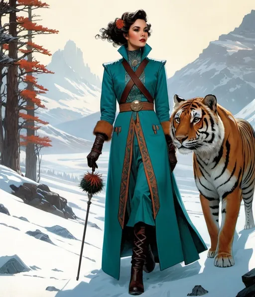 Prompt: Art by Tom Lovell, James Tissot, Tom bagshaw, Olivier Theyskens, Sachin Teng, Dana Trippe;Talia, wearing a terracotta, turquoise and thistle winter tunic, the talented troubadour, trekked through the tundra with her tenacious tiger companion. 