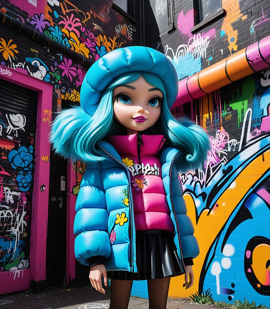 Prompt: whee!!! splat!!! claymation tv show, low angle, the happy groovy Alice and Olivia graffiti energetic valley of the long hair puffer jacket people, by Anthony Burrill, Julian Opie, George Nelson, with exotic graffiti flowers 