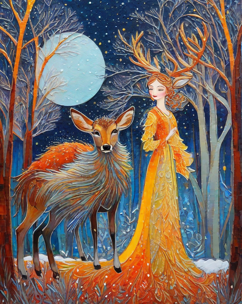 Prompt: A very beautiful lady, fawncore, winter sunrise, praise the sun, textured painting, impasto, fauvist, magical realism style, art by  Emily Balivet, Del Kathryn Barton, Elsa Beskow