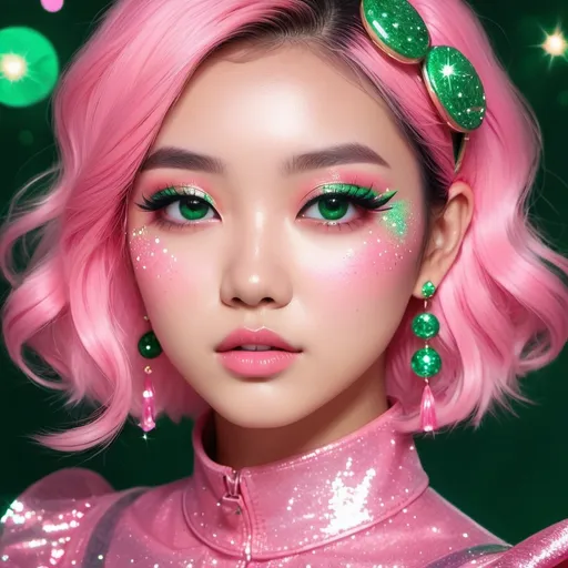 Prompt: a girl has a pink skin and pink eyes, in the style of karmen loh, sparkle eyes glittery makeup, boba tea aesthetic, sparklecore, glittercore, appropriation artist, shiny/glossy, fairycore, digital art, marine painter, light pink and dark green, barbiecore