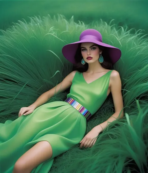 Prompt: Georgia got her groove back, genuine gorgeous girl glow, green grass eyes, garish glossy grape ghostly grapefruit colorful clothes, gracious grandiose, Gaston Bussiere, Geoffrey Beene, Guy Bourdin, Yaacov Agam, Ghada Amer