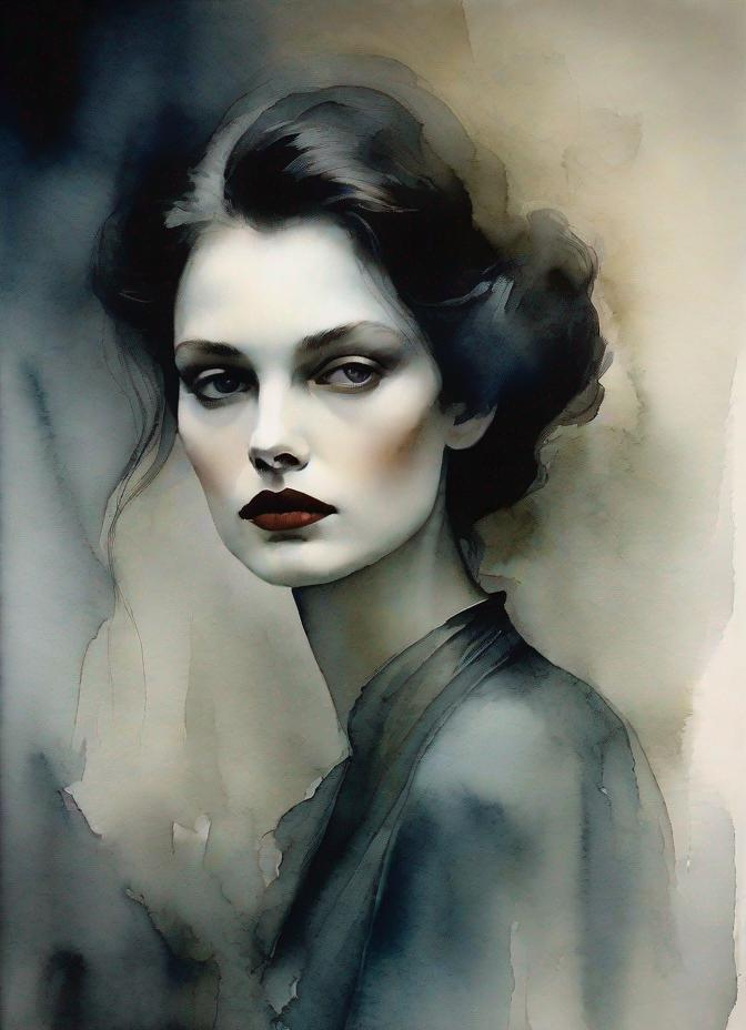 Prompt: The pretty mysterious woman with beautiful face, art by  Paolo Roversi, Cristobal Balenciaga, Monia Merlo, Nelleke Pieters, Elger Esser. Night Foggy Empty street background, rim lighting reflection, 3d, watercolors and ink, beautiful, fantastic view, extremely detailed, intricate, best quality, highest definition