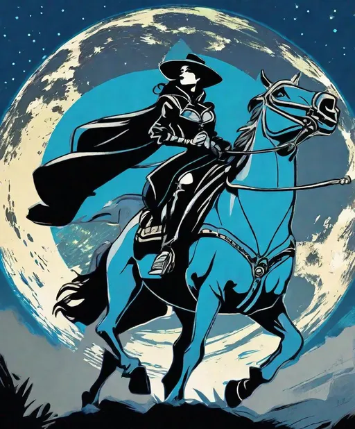 Prompt: Zorro as a woman, riding a horse while looking up at the full moon, in the style of black and azure, lunarpunk, disney animation, creative commons attribution, luminous palette, heistcore, flowing silhouettes, photonegative refractograph 