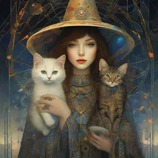 Prompt: A beautiful girl witch and her cute alien cat art style by Leiji Matsumoto, Marianne Stokes, endre penovac, catrin welz Stein, Mondrian, James jean. High quality, highly detailed, intricate details.dynamic lighting award winning fantastic view ultra detailed high definition hdr focused glow shimmer