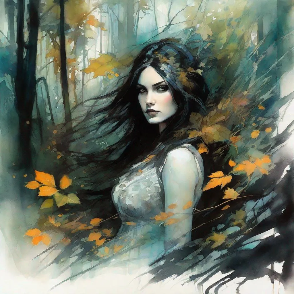 Prompt:   A very beautiful grimdark girl in a magical Forest art by John Larriva, Nickolas Muray, Fritz Lang, Charles Robinson, esao Andrews. watercolors and ink, 3, extremely detailed, intricate, high definition, crisp quality 