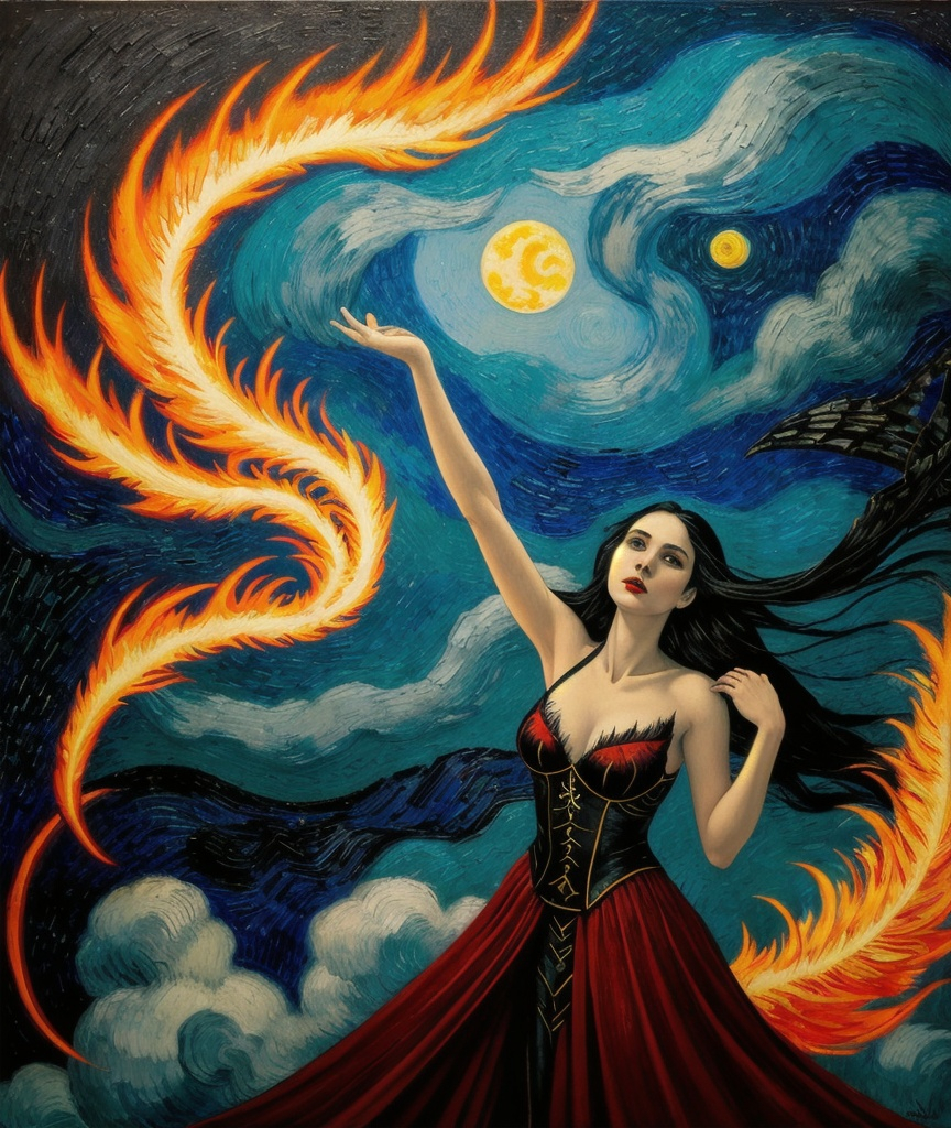 Prompt: like a phoenix she will rise and claim her revenge, the heroic female vampire standing tall against the world, vaudeville, modernist, Lin Fengmian, Anna dittmann, Justin Gaffrey, John Lowrie Morrison, Patty Maher, John Ruskin, Chris Friel, van Gogh, Valerie Hegarty, endre penovac