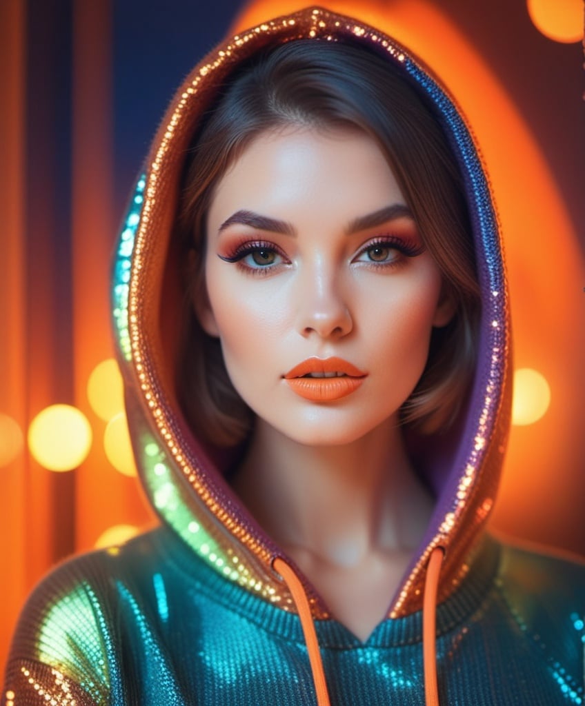 Prompt: Style by David Bellemere, Neil Krug, Colorful chameleon hoodie on a girl, bright colorful lipstick, eyeliner and eye shadow, metallic makeup, knit hoodie, orange lighting, 