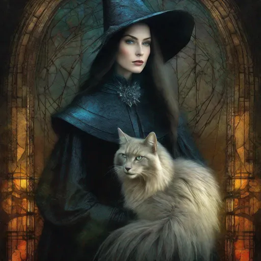 Prompt: A beautifull mysterious witch and her fluffy bicolor magical cat art style by Marianne Stokes, David Spriggs, Paolo Roversi,  Christian Schloe, endre penovac, catrin welz Stein, Mondrian, James jean. High quality, highly detailed, intricate details.dynamic lighting award winning fantastic view ultra detailed high definition hdr focused glow shimmer