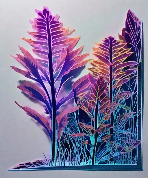 Prompt: a paper cut out and photograph collaged drawing of predatory plants that glows under uv light, photonegative refractograph, clean, whitespace, minimalism, light 