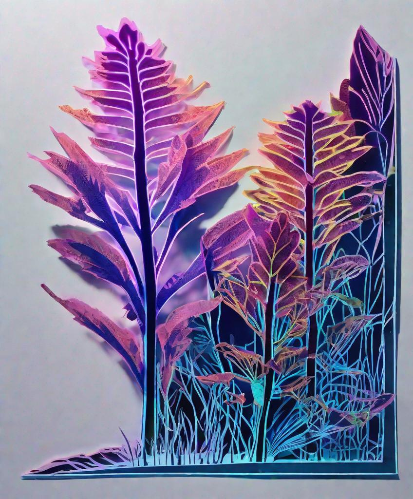 Prompt: a paper cut out and photograph collaged drawing of predatory plants that glows under uv light, photonegative refractograph, clean, whitespace, minimalism, light 