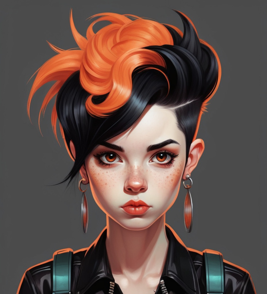 Prompt: a cartoon image of red durian punk hair girl, in the style of artgerm, studio portrait, cute cartoonish designs, orange and black, cute and colorful, amy earles, mono-ha 