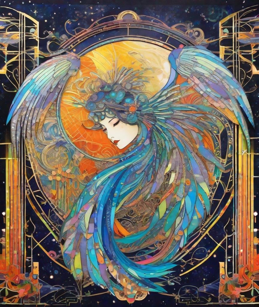 Prompt: ergonomic wings in space, retro-futurism aesthetic, pastiche in the style of Yoshitaka Amano, dynamic pose, patterned scrapbooking paper craft inspired, patterned paper piecing, intricate art nouveau frame border, bold colors, neon, sparklecore, glittercore, celluloid