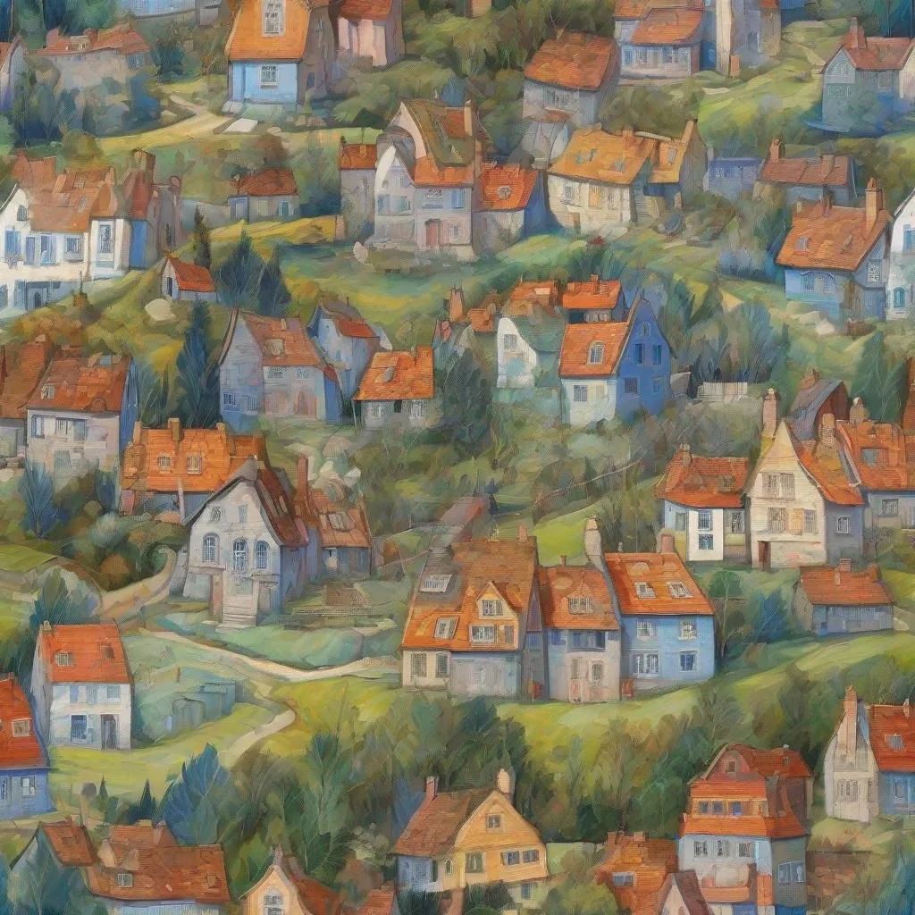 Prompt: Landscape village In style of Fern Isabel Coppedge, Elia Locardi, Akos Major, Raoul Dufy, George Birrell, Amanda Clark, Iris Scott, Mikalojus Konstantinas Ciurlionis. 
elegant intricate beautiful award winning fantastic view ultra detailed