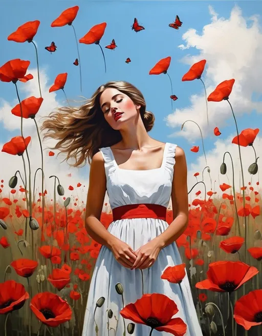Prompt: Thick palette knife drawing, art by Beth Conklin: a pretty girl and the butterflies sitting through the poppies. Tall red poppies touching her face, the butterflies flying around her head. The red flowers color pops up against the light blue sky. large brush strokes, oil painting, she is wearing a white dress.