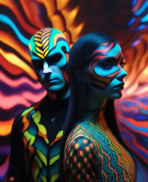 Prompt: a man and a woman with head and face painted in colorful bifrost patterns, in the style of daz3d, horror film, realistic anamorphic art, tokina at-x 11-16mm f/2.8 pro dx ii 