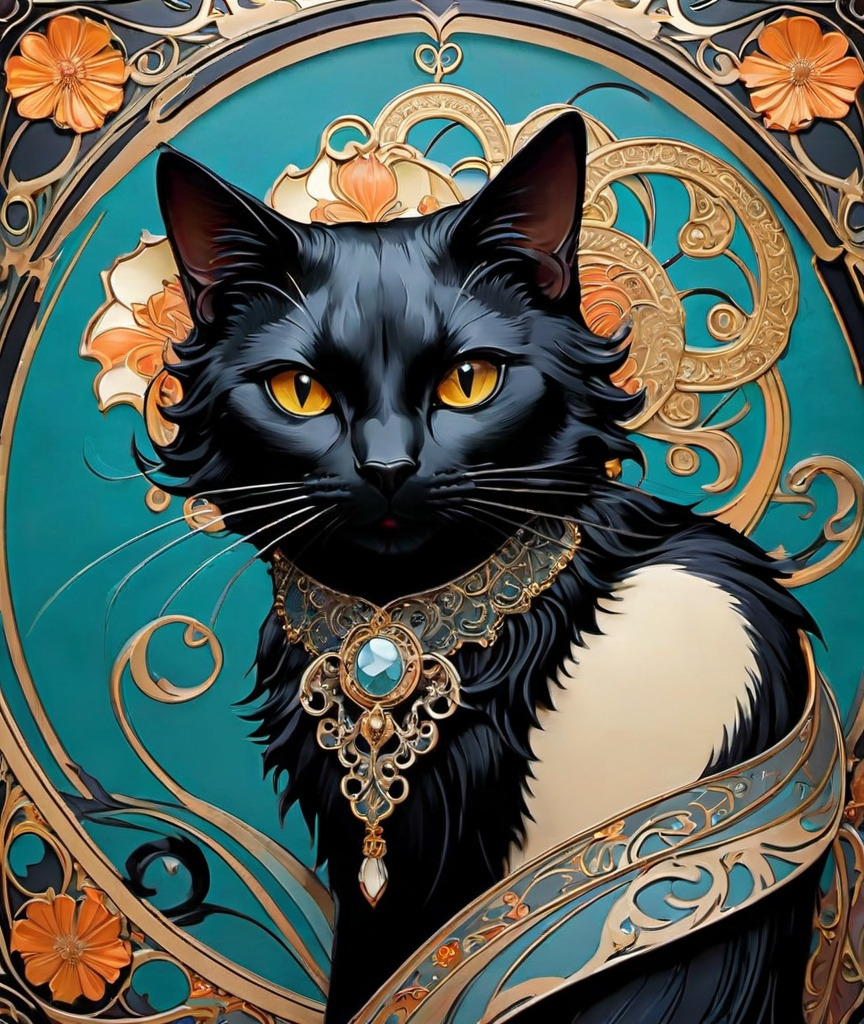 Prompt: vaudeville black cat art in the style of alphonse mucha. 3d, extremely detailed 