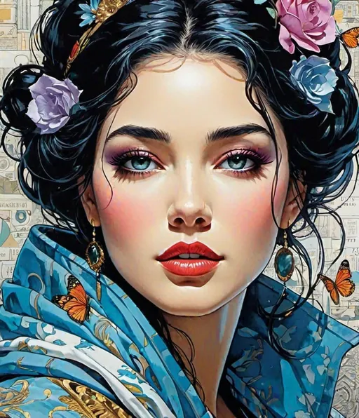 Prompt: Her life is a figment of imagination, she is not real, she is whatever her creative beautiful mind wants to be, fate is just a word, art style by Romulo Royo, Aliza Razell, David Bromley, Brandon Mably, Bruce McLean, Aaron Jasinski