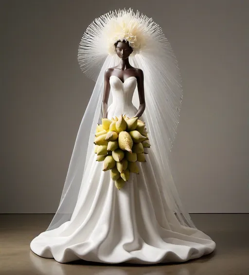 Prompt: bridal couture figurine by lladro and chihuly brought to life by newton, beautiful blushing bride, dramatic white bridal veil, luxurious bridal gown, bride is holding a durian bouquet, high-fashion aesthetic, contemporary, art gallery object 