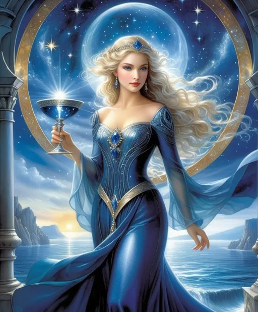 Prompt: style by Sulamith Wulfing, Annette Schmucker, Sophie Delaporte, Amanda Sage; Summon Serena, a sapphire-eyed siren, standing serenely beneath a star-strewn sky, surrounded by shimmering sapphire streams, sporting a satin gown, and sipping from a silver chalice