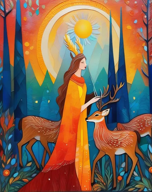 Prompt: A very beautiful lady, fawncore, winter sunrise, praise the sun, textured painting, impasto, fauvist, magical realism style, art by  Emily Balivet, Del Kathryn Barton, Elsa Beskow