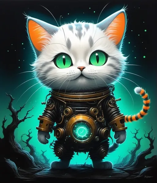 Prompt: sisyphean personified as a cute cat creature, creative and inventive yet modest and simple painting combining elements of Tsutomu Nihei and Biomechanical Art Style with elements of fluorescence art 