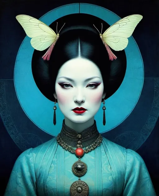 Prompt: Bad things happen when you say her name, her evil spirit is powerful, Don't be deceived by her pretty face, Blacklight paint art style by catrin welz-stein, Stan Brakhage, Michael hussar, Demetre Chiparus, tom bagshaw, Yoshitaka Amano