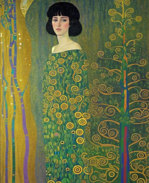 Prompt: The beautiful young lady, She comes in colors everywhere She combs her hair She's like a rainbow Coming, colors in the air Oh, everywhere She comes in colors, Gustav Klimt, Carboniferous Forest