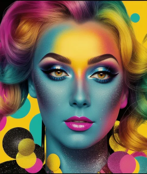 Prompt: makeup by artemis & photography. photo by lauren emery, in the style of pop art advertising, dazzling cityscapes, uhd image, solarization effect, sunrays shine upon it, 1980s, dotted, modern interpretation of Vaudeville 