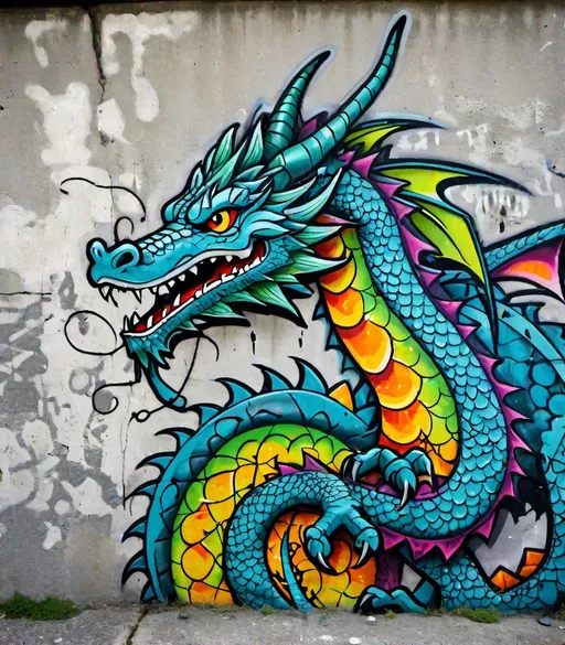 Prompt: graffiti hippy boho abstract dragon on an old cement wall, grungy