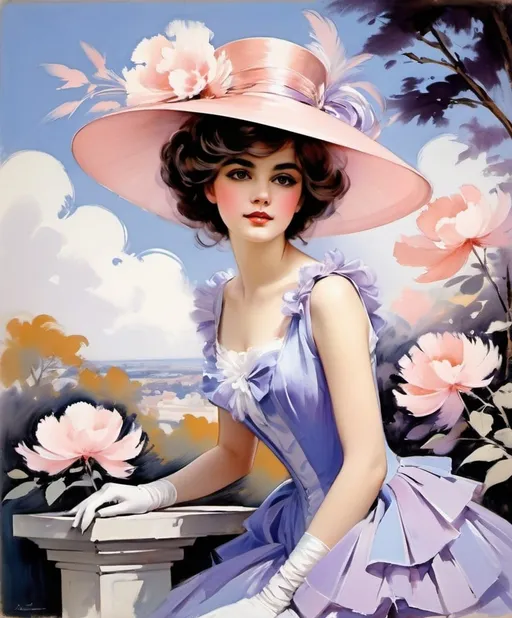 Prompt: Style of Alice Paul Cesar Helleu, Paul Kenton, George Petty, Pierre-Jacques Pelletier; Perched upon a petite pedestal, Patricia, a precious girl with platinum curls peers into a picturesque portrait painted in pastel hues. Pink petals pirouette in the breeze, punctuating the landscape with a playful charm. A prancing peacock, plumage resplendent in shades of periwinkle and plum, prances beside her, a paragon of grace. Puffs of peach-colored clouds pirouette overhead, casting a peaceful glow upon the whimsical scene.